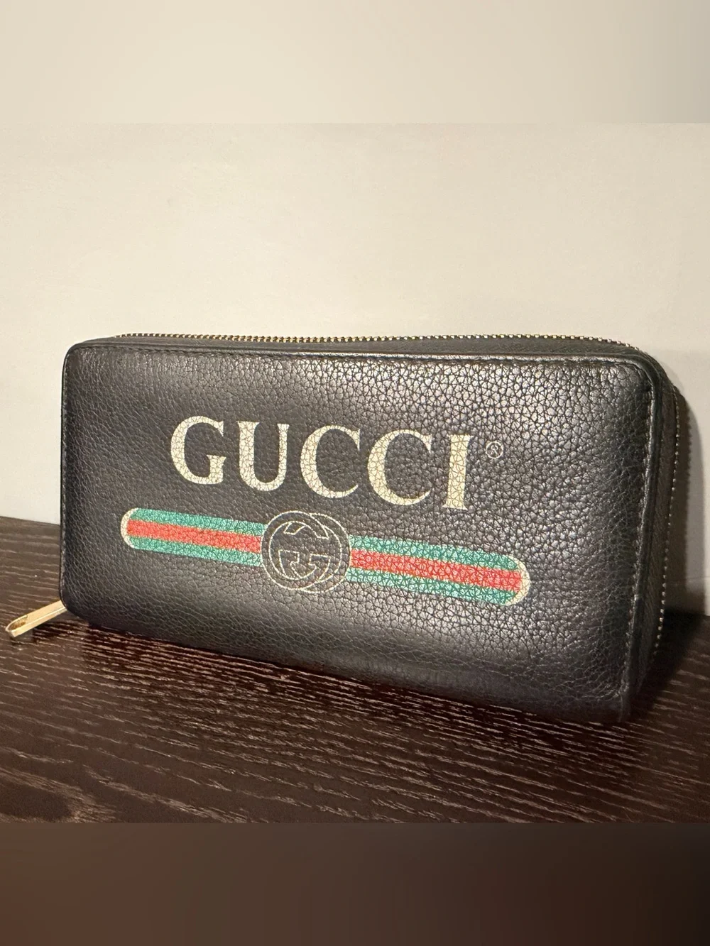 Gucci Black Zip-Around Leather Long Wallet w/ Green & Red Stripe Detail